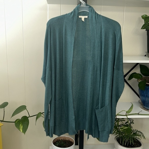 Eileen Fisher Teal Slouchy Open Cardigan Sweater Silk Organic Blend Cotton XS - Picture 2 of 10